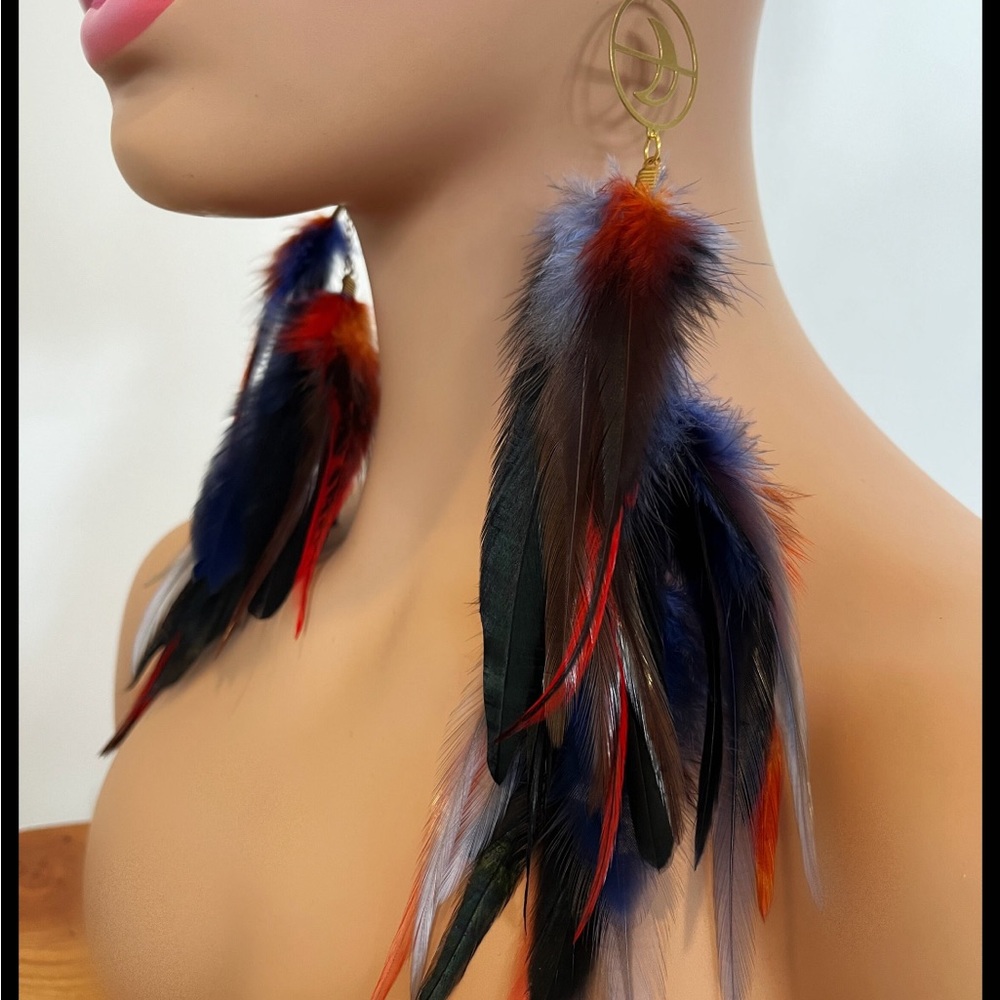 Long feather earrings in dark blue and neon orange, crescent moon pendants